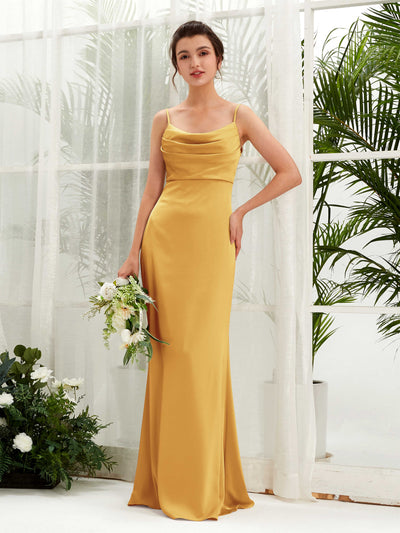 Carlyna Corte imperial Escote drapeado Hasta el suelo Satin Fruncido Vestidos de dama de honor Amarillo Canario #color_amarillo-canario