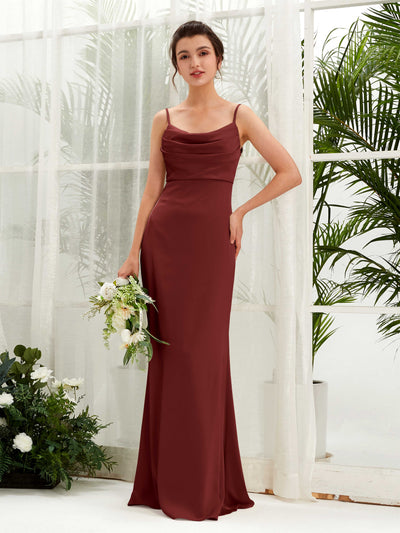 Carlyna Corte imperial Escote drapeado Hasta el suelo Satin Fruncido Vestidos de dama de honor Borgoña #color_borgo-a