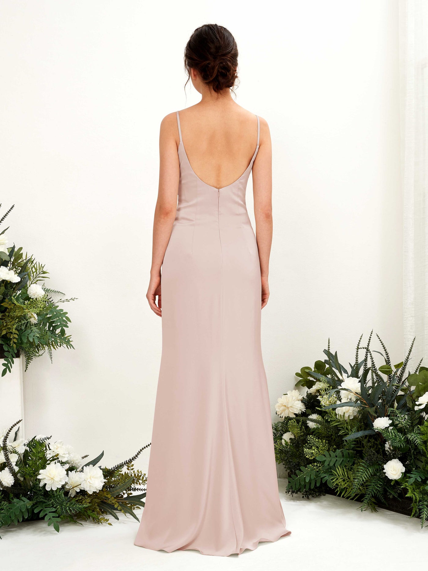 Carlyna Corte imperial Escote drapeado Hasta el suelo Satin Fruncido Vestidos de dama de honor Rosa Perla #color_rosa-perla
