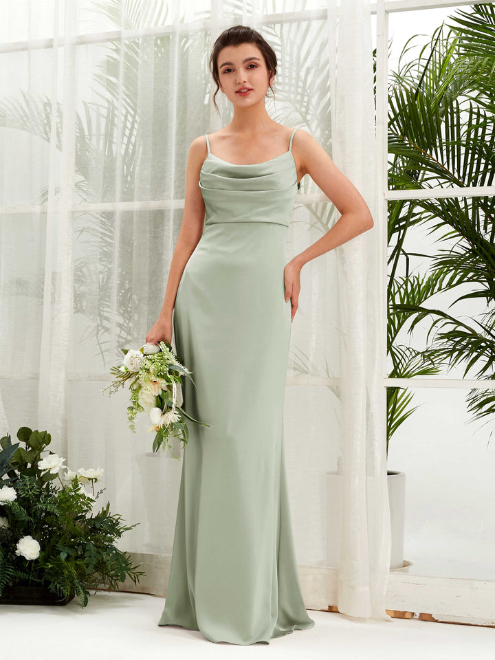 Carlyna Corte imperial Escote drapeado Hasta el suelo Satin Fruncido Vestidos de dama de honor Verde Salvia 