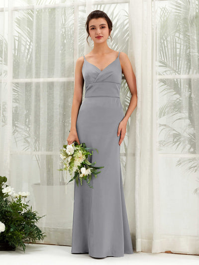 Carlyna Corte Imperial Escote en V Hasta el Suelo Satén Vestido de Dama de Honor Gris Acero #color_gris-acero