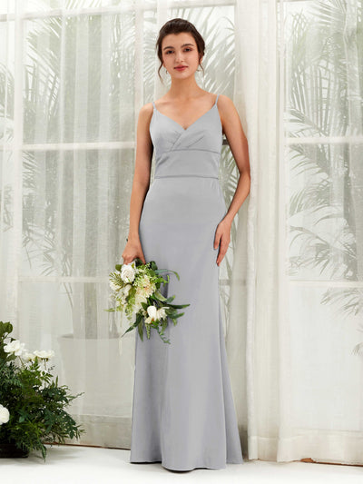 Carlyna Corte Imperial Escote en V Hasta el Suelo Satén Vestido de Dama de Honor Gris Paloma #color_gris-paloma