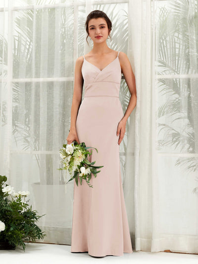 Carlyna Corte Imperial Escote en V Hasta el Suelo Satén Vestido de Dama de Honor Rosa Perla #color_rosa-perla