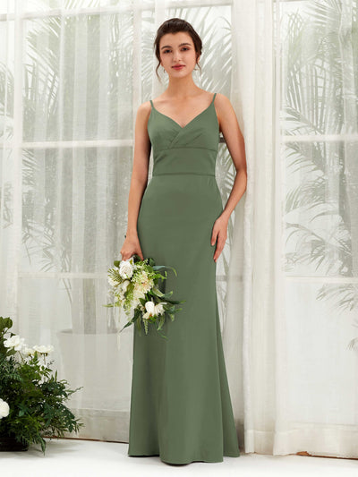 Carlyna Corte Imperial Escote en V Hasta el Suelo Satén Vestido de Dama de Honor Verde Oliva #color_verde-oliva