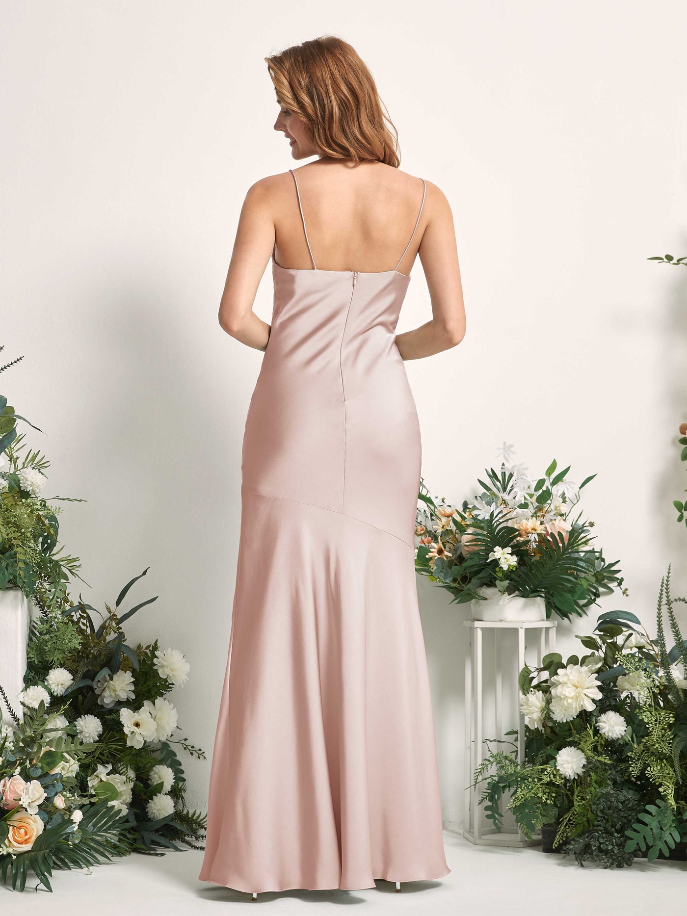 Carlyna Corte trompeta/sirena escote drapeado hasta el suelo hendidura de pierna satén vestidos de dama de honor Rosa Perla #color_rosa-perla