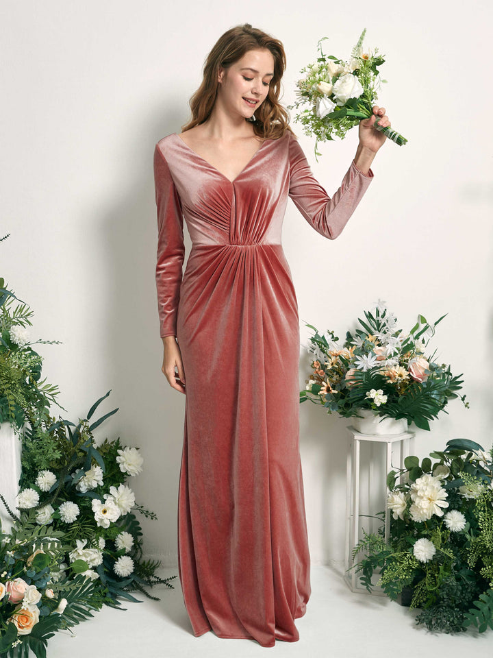 Carlyna Corte Trompeta/Sirena Escote en V Manga Larga Vestido Largo Rosa Polvorienta 