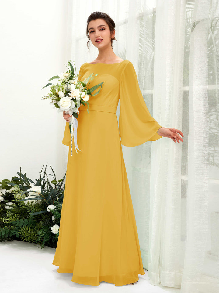 Carlyna Escote bandeja Hasta el suelo Línea A Manga larga Vestidos de dama de honor Amarillo Mostaza 