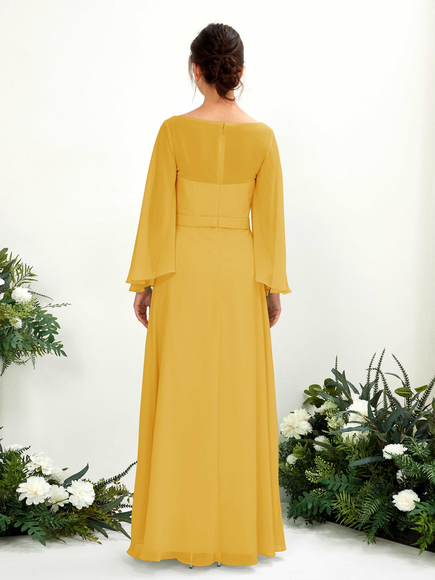 Carlyna Escote bandeja Hasta el suelo Línea A Manga larga Vestidos de dama de honor Amarillo Mostaza #color_amarillo-mostaza
