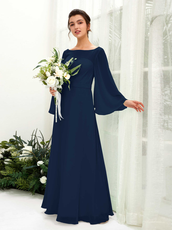 Carlyna Escote bandeja Hasta el suelo Línea A Manga larga Vestidos de dama de honor Azul Marino 
