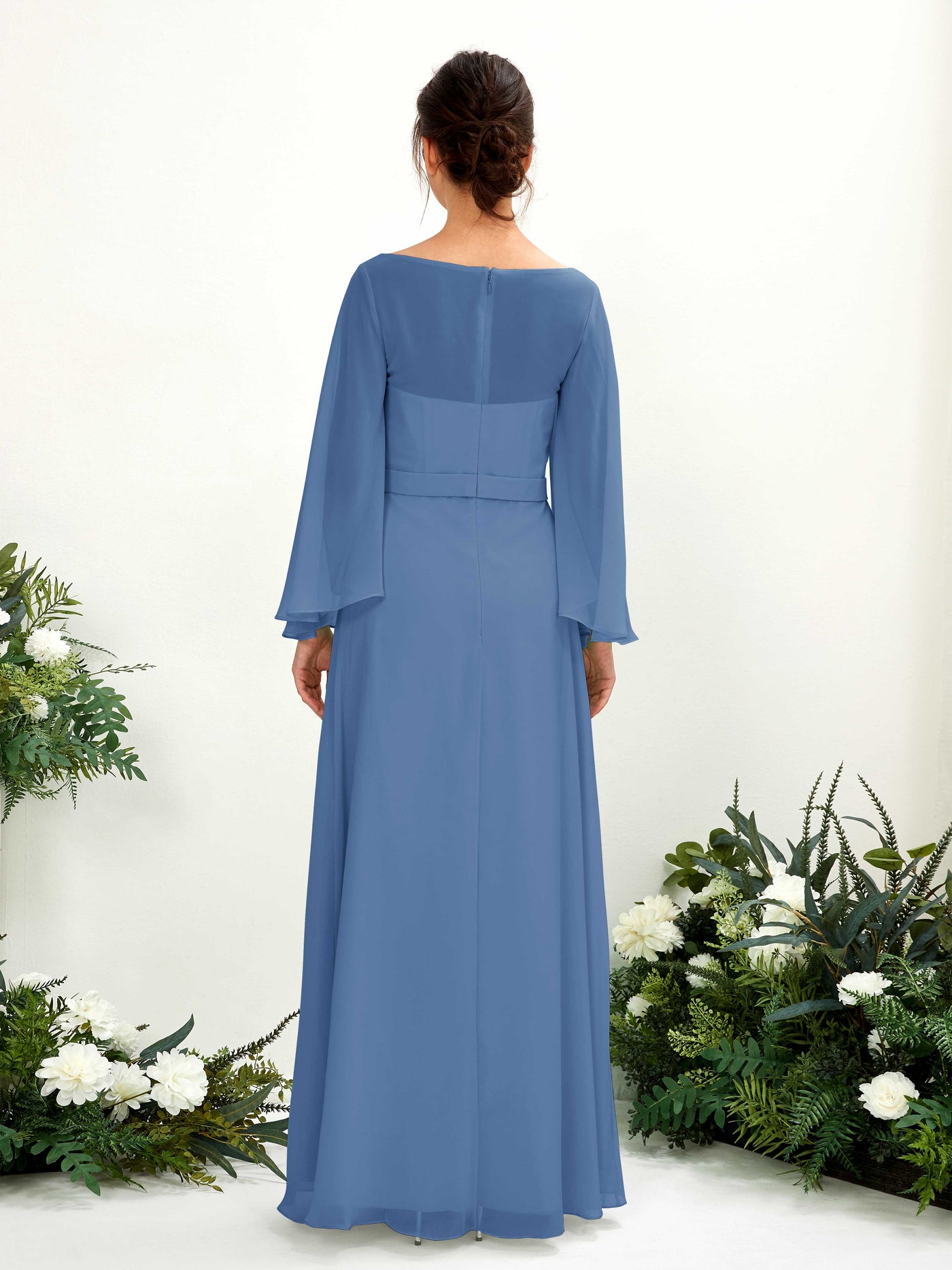 Carlyna Escote bandeja Hasta el suelo Línea A Manga larga Vestidos de dama de honor Azul polvoriento #color_azul-polvoriento