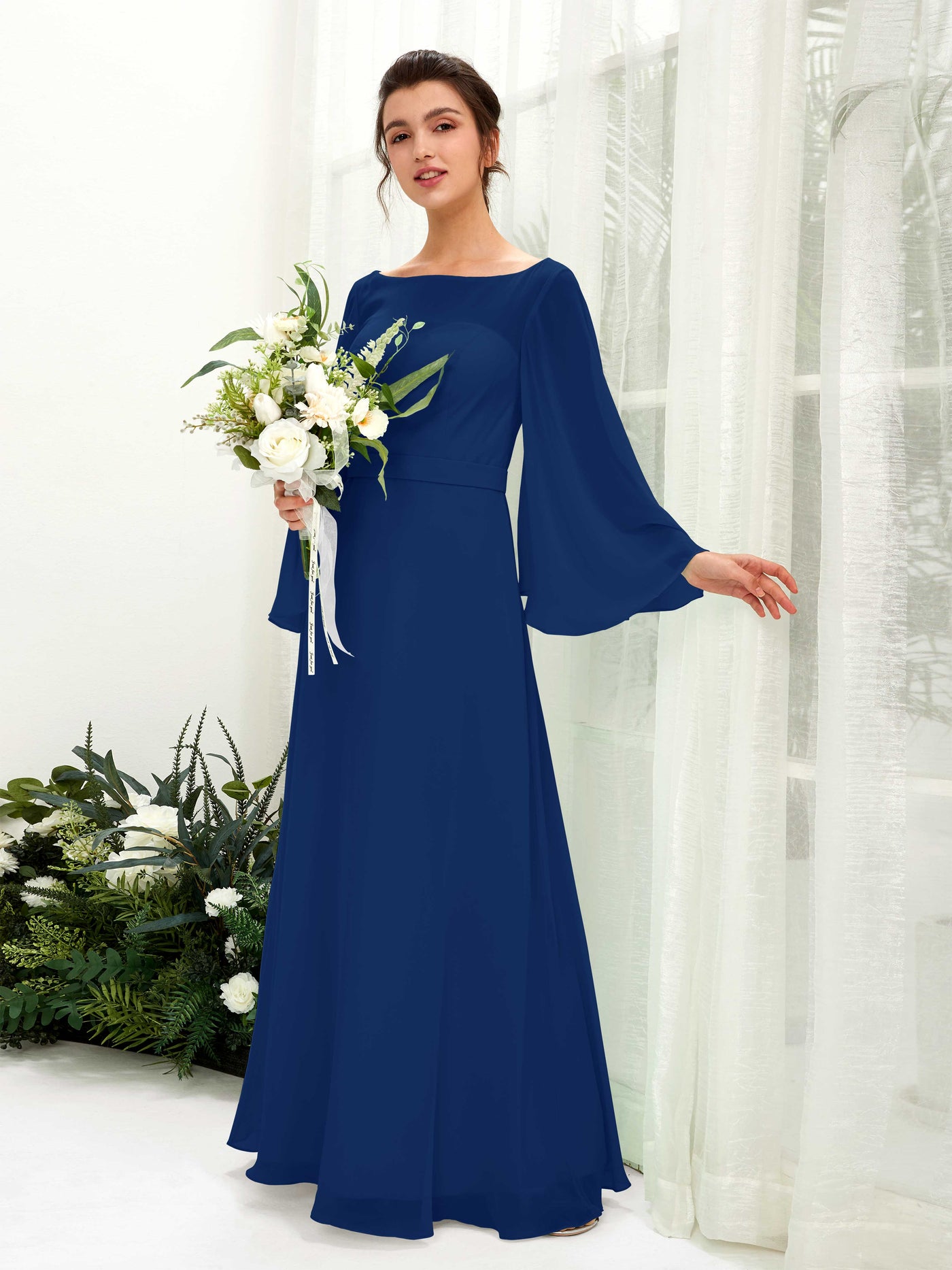 Carlyna Escote bandeja Hasta el suelo Línea A Manga larga Vestidos de dama de honor Azul Real #color_azul-real