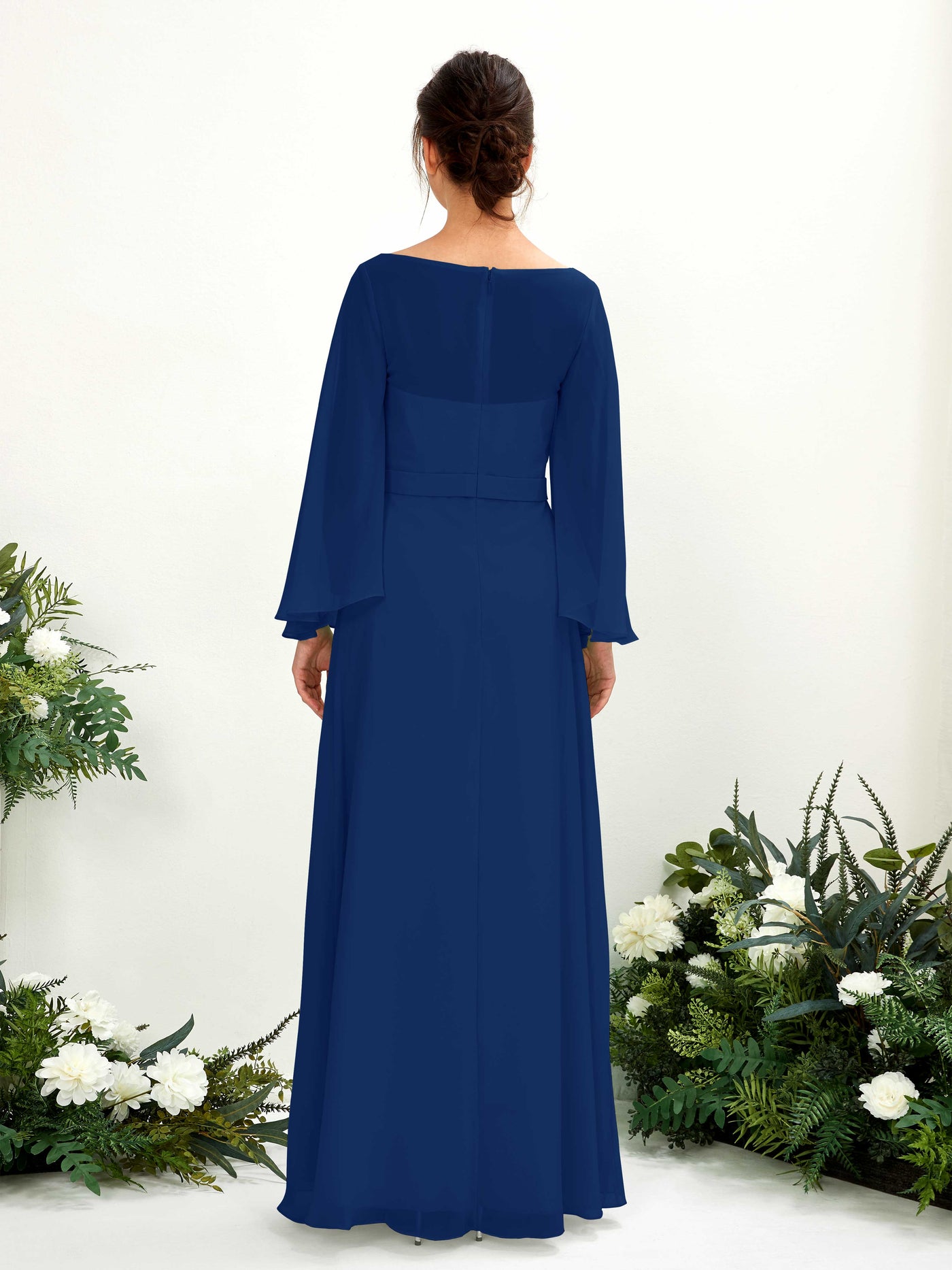 Carlyna Escote bandeja Hasta el suelo Línea A Manga larga Vestidos de dama de honor Azul Real #color_azul-real