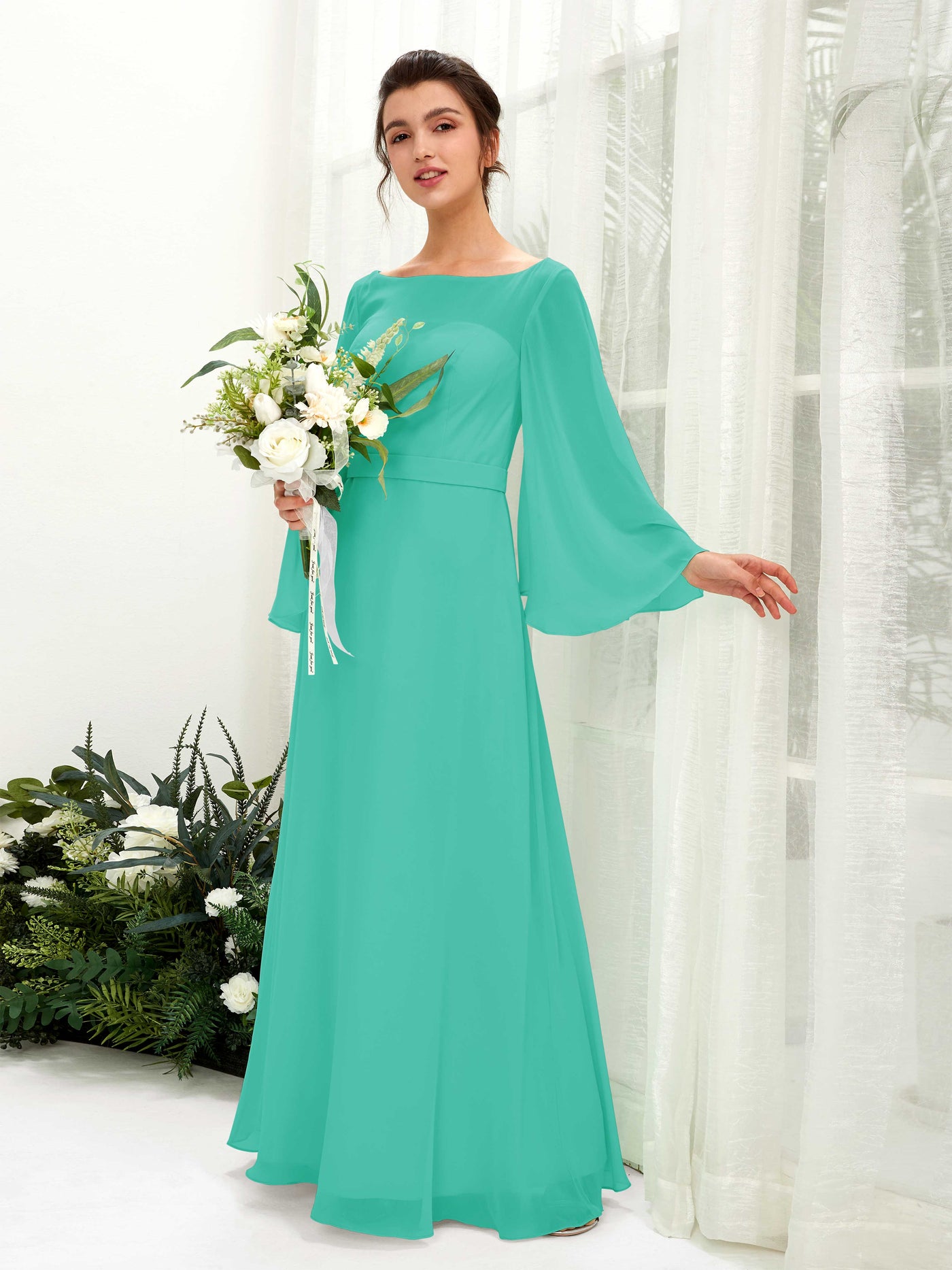 Carlyna Escote bandeja Hasta el suelo Línea A Manga larga Vestidos de dama de honor Azul Tiffany #color_azul-tiffany