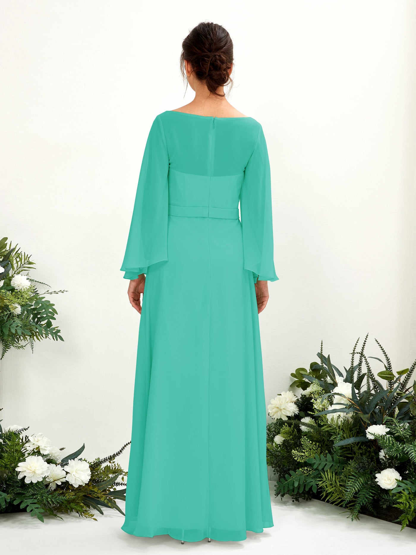Carlyna Escote bandeja Hasta el suelo Línea A Manga larga Vestidos de dama de honor Azul Tiffany #color_azul-tiffany