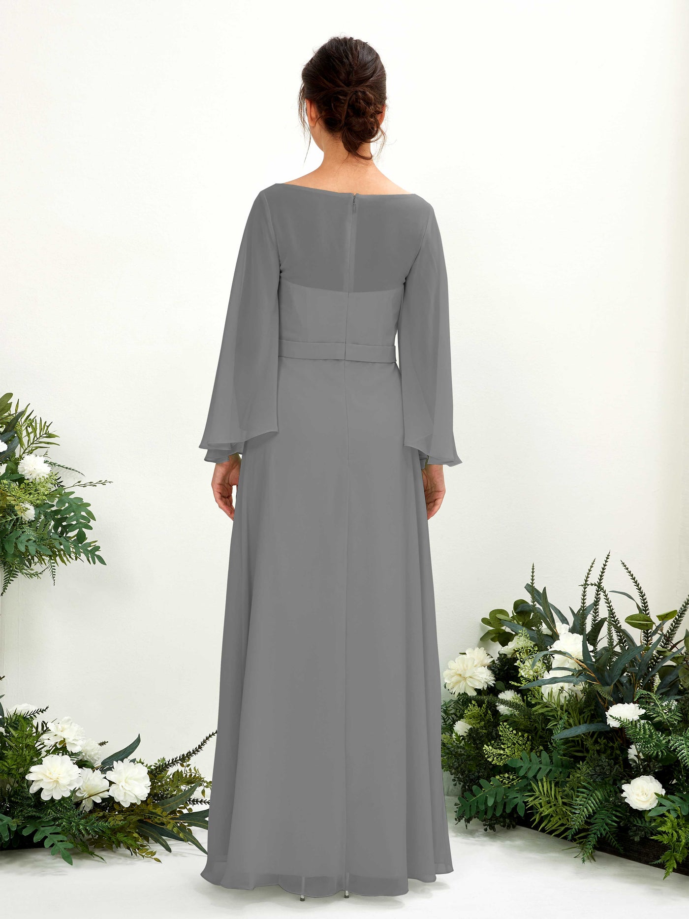 Carlyna Escote bandeja Hasta el suelo Línea A Manga larga Vestidos de dama de honor Gris Acero #color_gris-acero