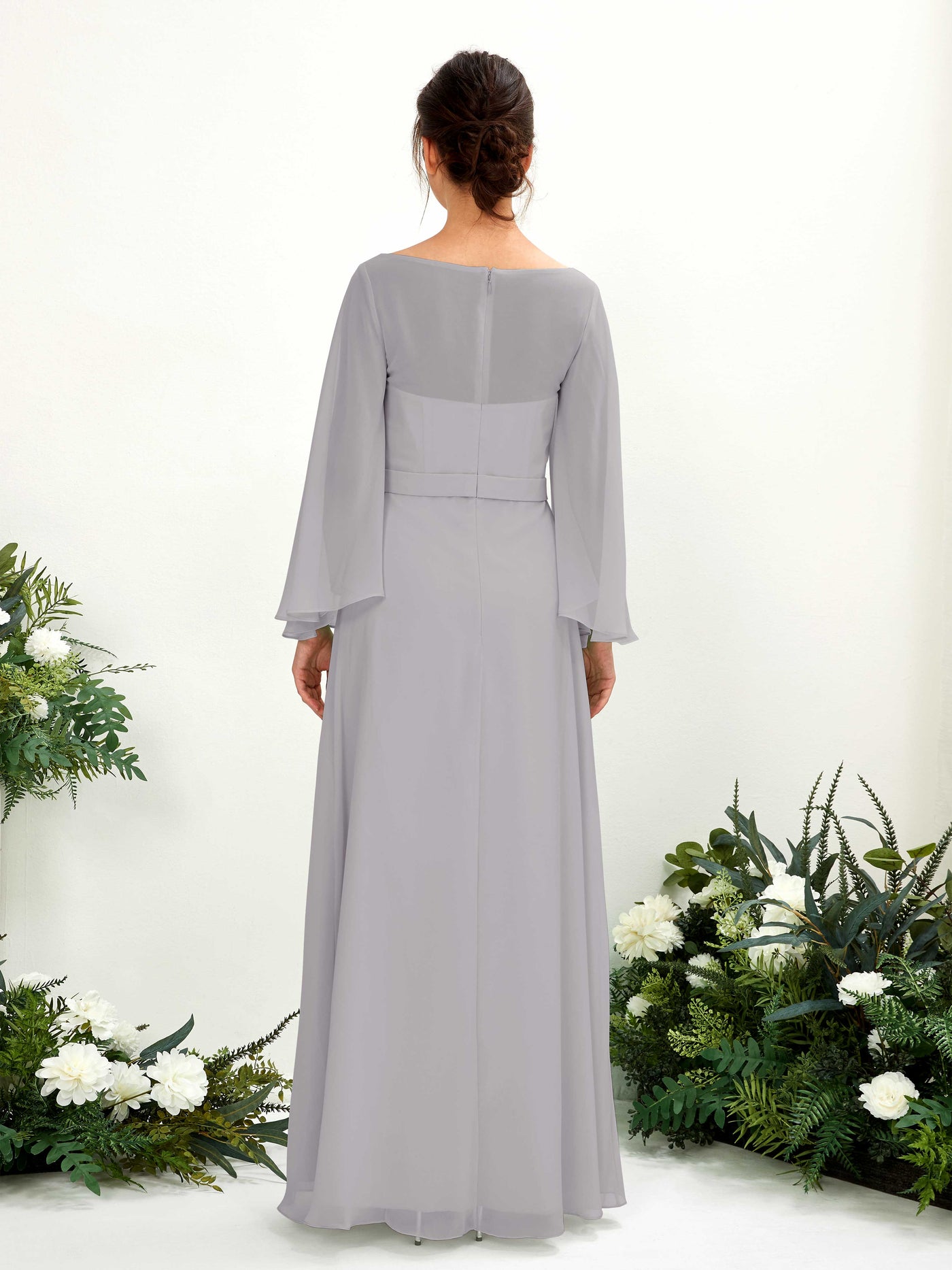 Carlyna Escote bandeja Hasta el suelo Línea A Manga larga Vestidos de dama de honor Gris Paloma #color_gris-paloma