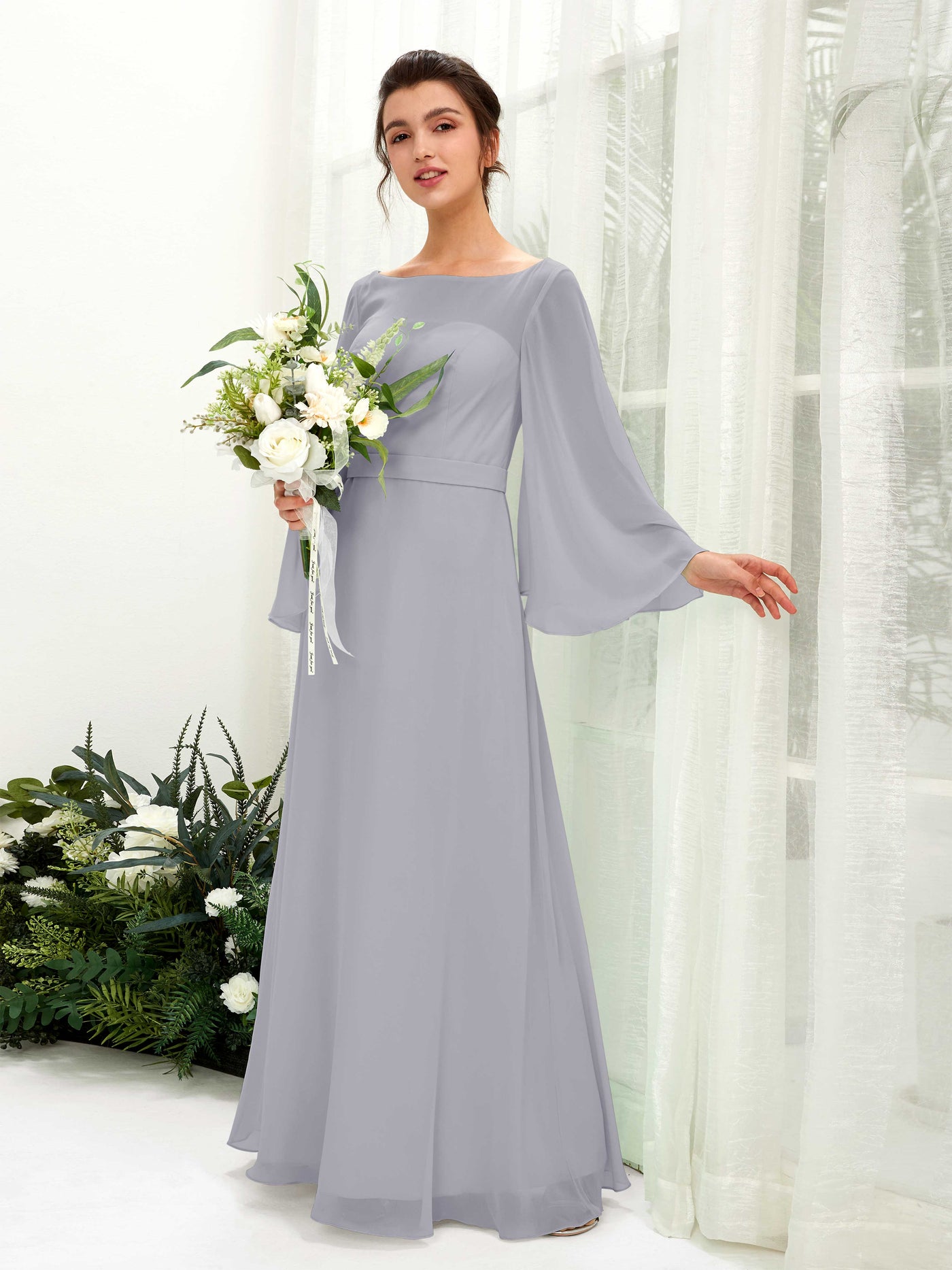 Carlyna Escote bandeja Hasta el suelo Línea A Manga larga Vestidos de dama de honor Lavanda Viejo #color_lavanda-viejo