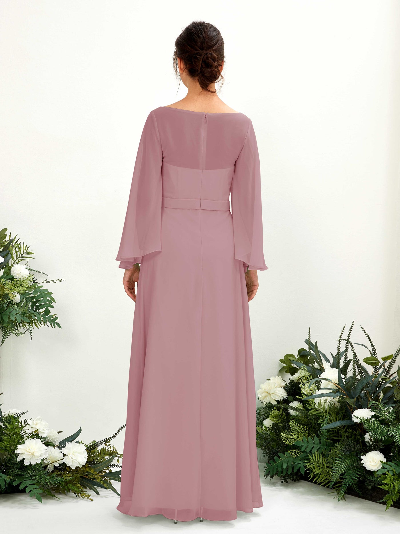 Carlyna Escote bandeja Hasta el suelo Línea A Manga larga Vestidos de dama de honor Malva Clásico #color_malva-cl-sico