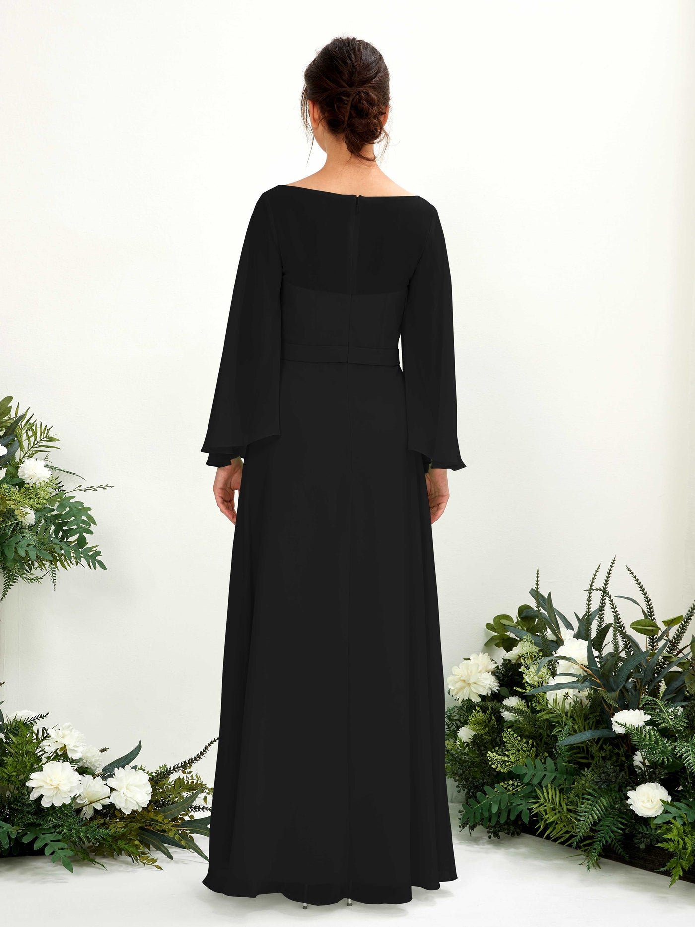 Carlyna Escote bandeja Hasta el suelo Línea A Manga larga Vestidos de dama de honor Negro #color_negro