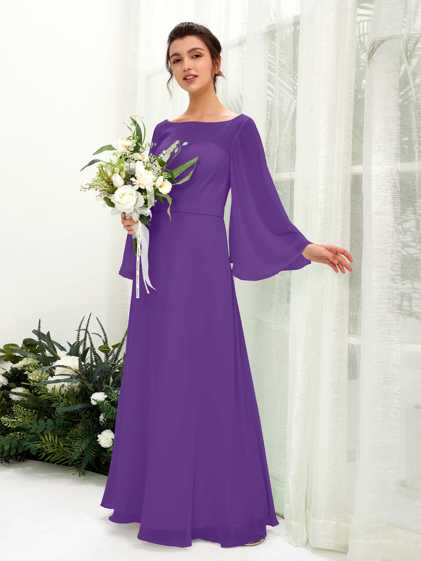 Carlyna Escote bandeja Hasta el suelo Línea A Manga larga Vestidos de dama de honor Regencia #color_regencia