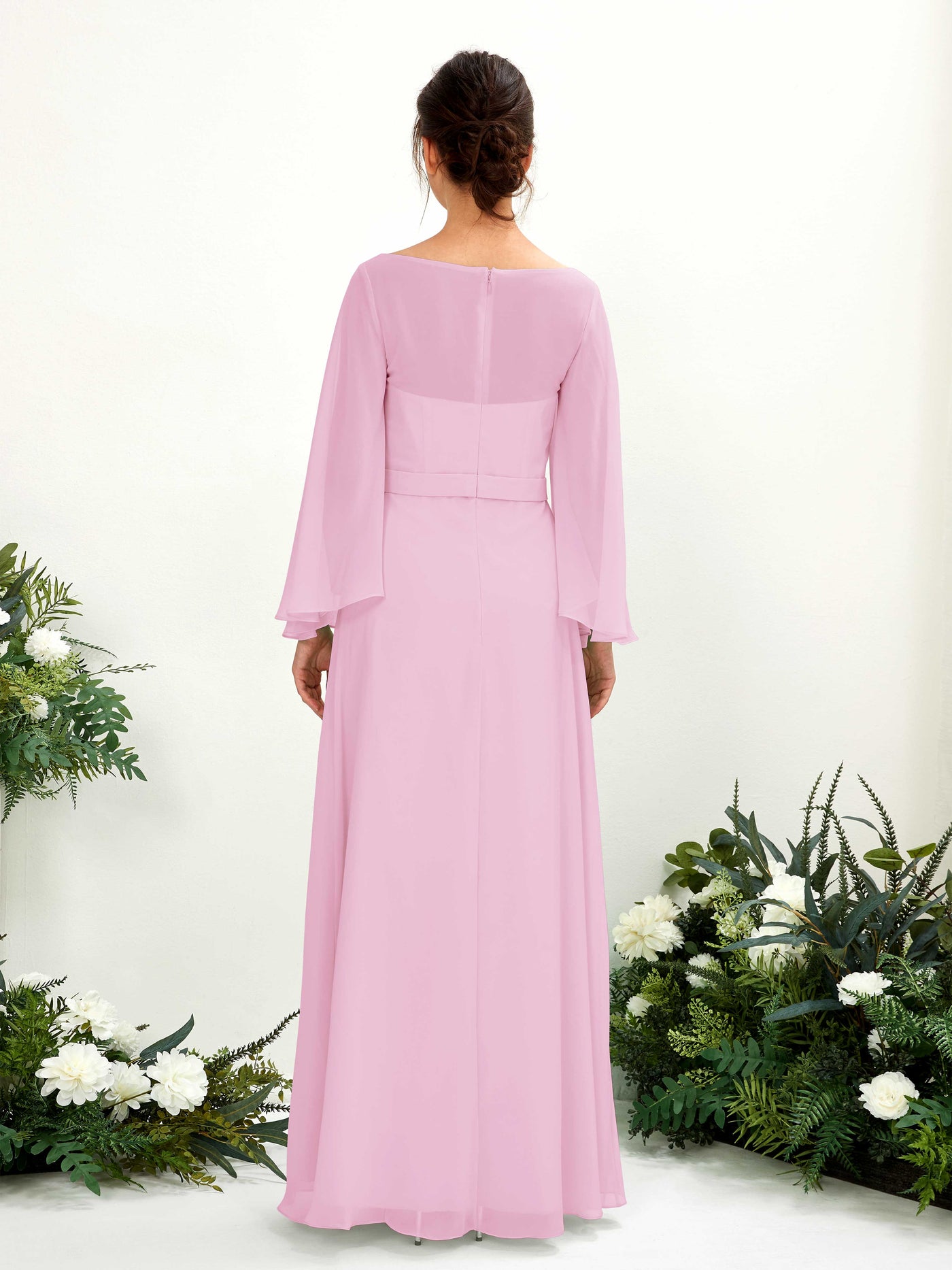 Carlyna Escote bandeja Hasta el suelo Línea A Manga larga Vestidos de dama de honor Rosa Caramelo #color_rosa-caramelo