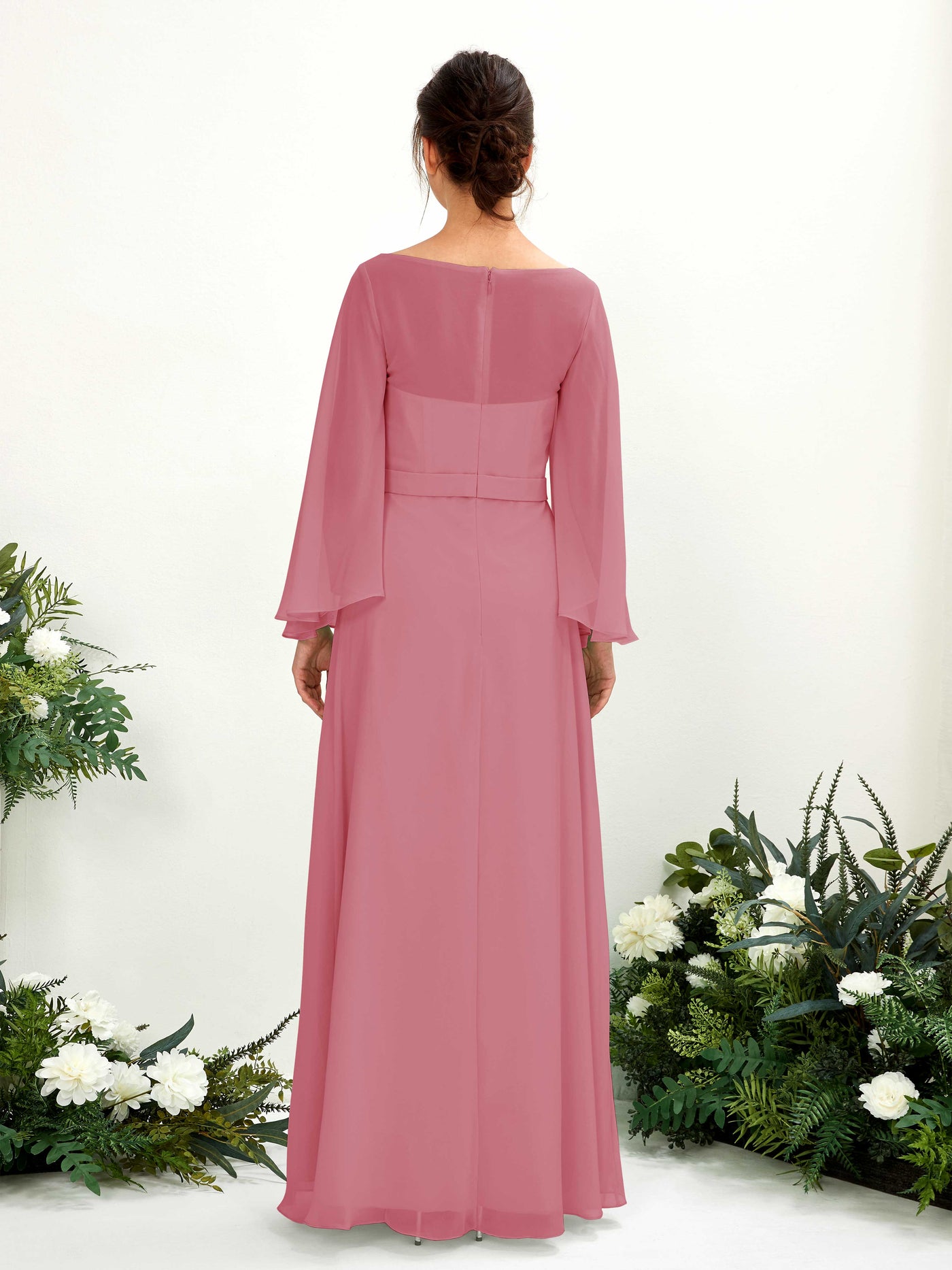 Carlyna Escote bandeja Hasta el suelo Línea A Manga larga Vestidos de dama de honor Rosa Del Desierto #color_rosa-del-desierto