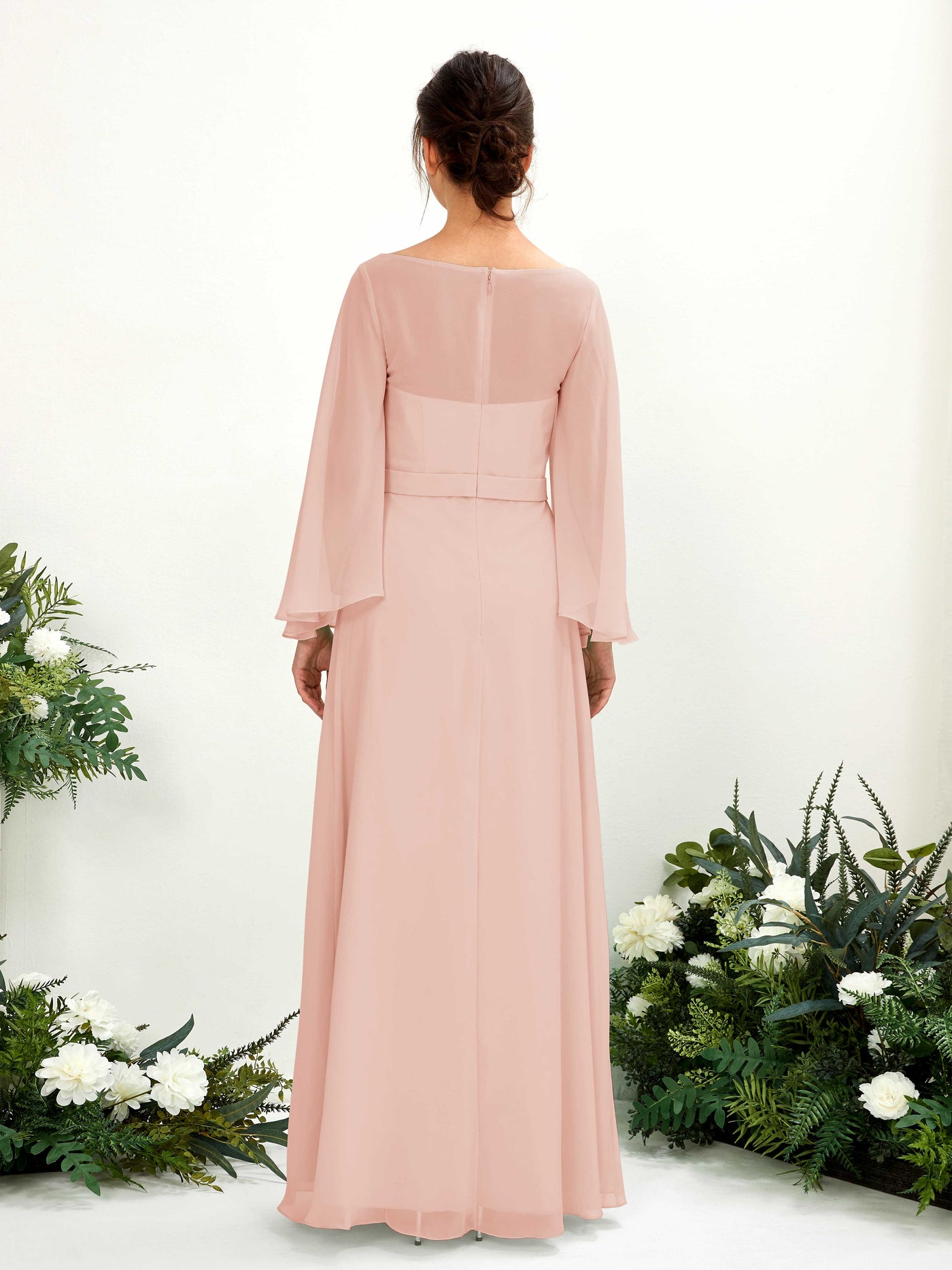 Carlyna Escote bandeja Hasta el suelo Línea A Manga larga Vestidos de dama de honor Rosa Perla #color_rosa-perla