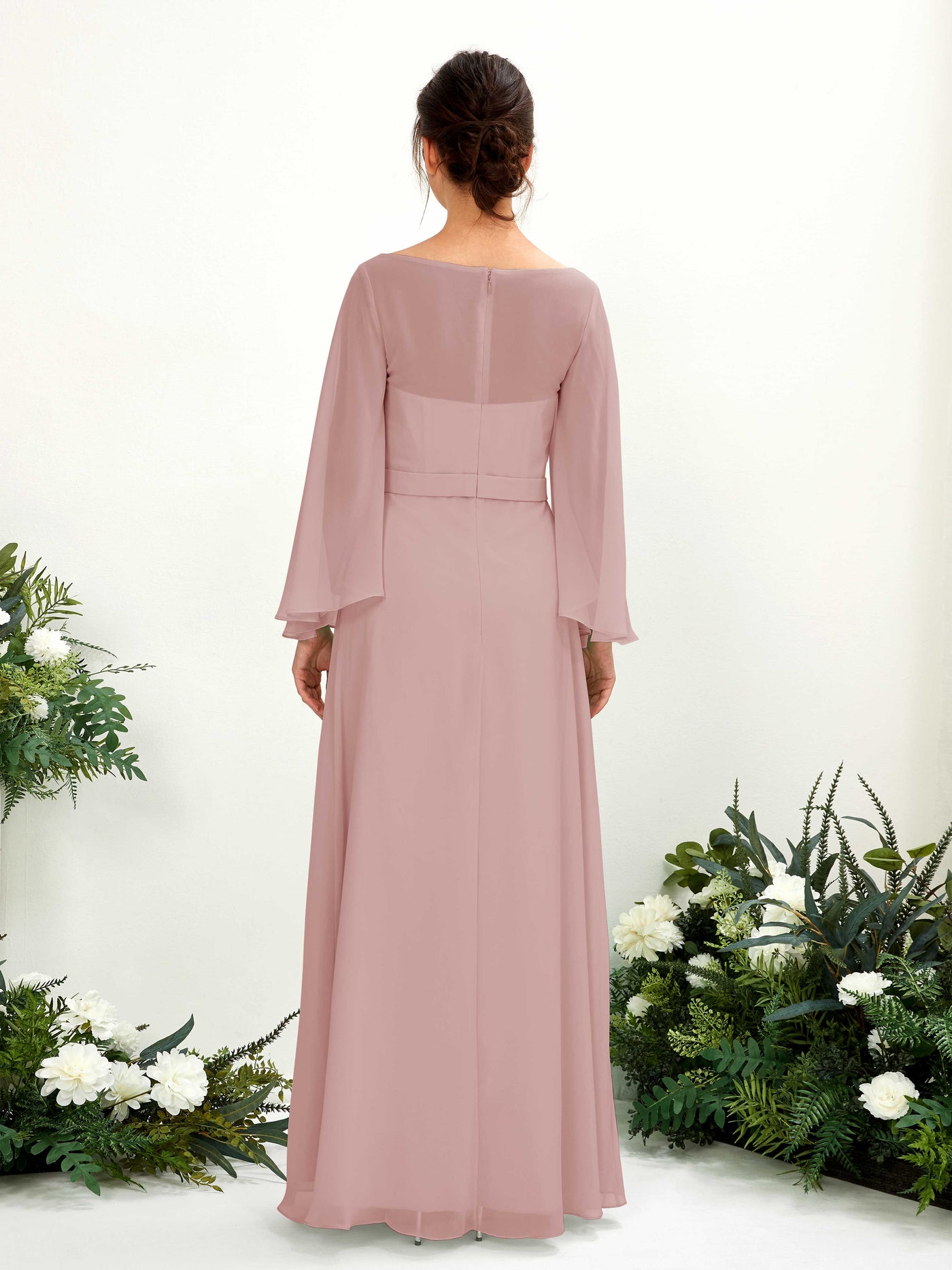 Carlyna Escote bandeja Hasta el suelo Línea A Manga larga Vestidos de dama de honor Rosa Polvorienta #color_rosa-polvorienta