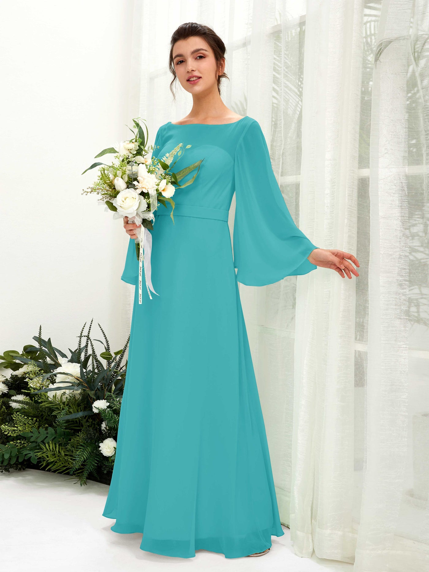 Carlyna Escote bandeja Hasta el suelo Línea A Manga larga Vestidos de dama de honor Turquesa #color_turquesa