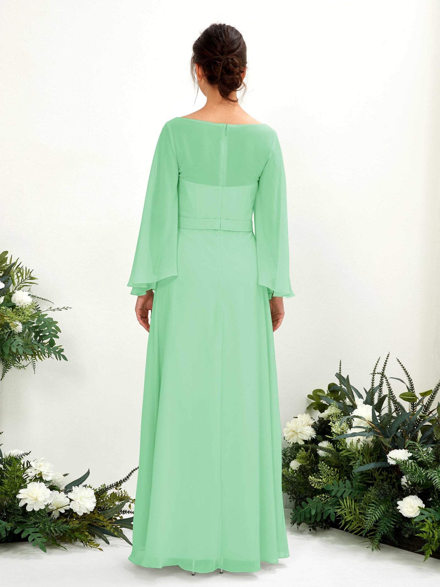 Carlyna Escote bandeja Hasta el suelo Línea A Manga larga Vestidos de dama de honor Verde Menta #color_verde-menta
