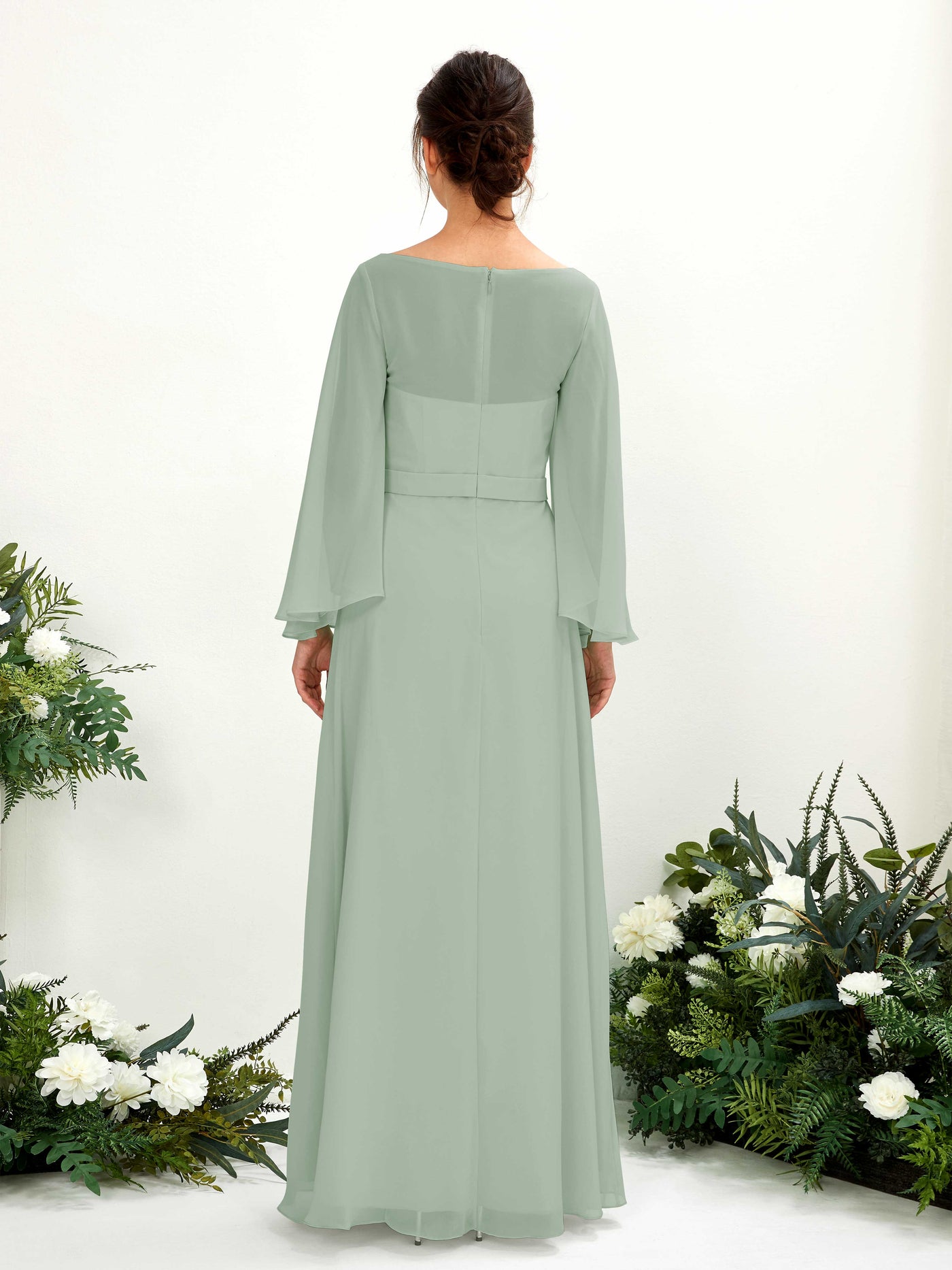 Carlyna Escote bandeja Hasta el suelo Línea A Manga larga Vestidos de dama de honor Verde Salvia #color_verde-salvia