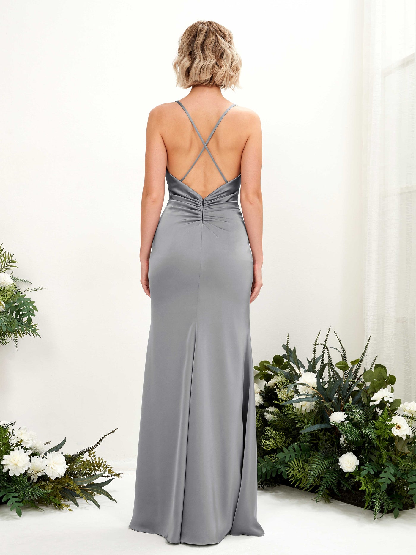 Carlyna Escote drapeado Hasta el suelo Satén Vestido de dama de honor Gris Acero #color_gris-acero