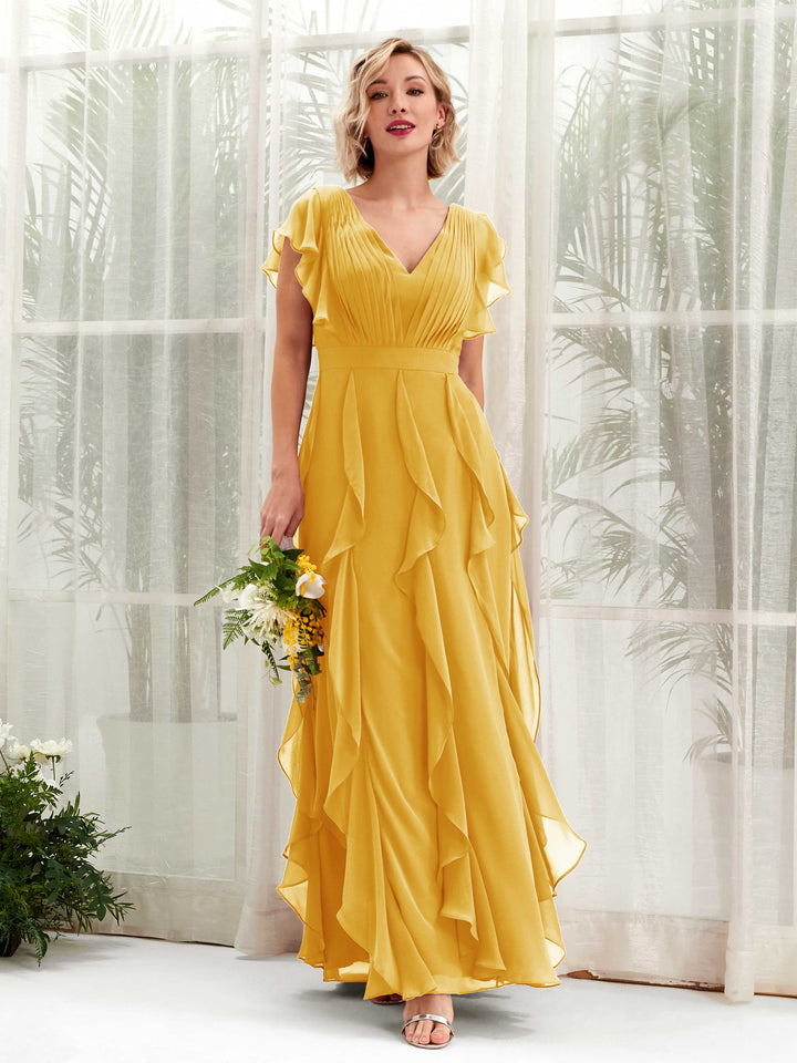 Carlyna Escote en V Hasta el Suelo Fruncido Vestido de Dama de Honor Amarillo Mostaza 