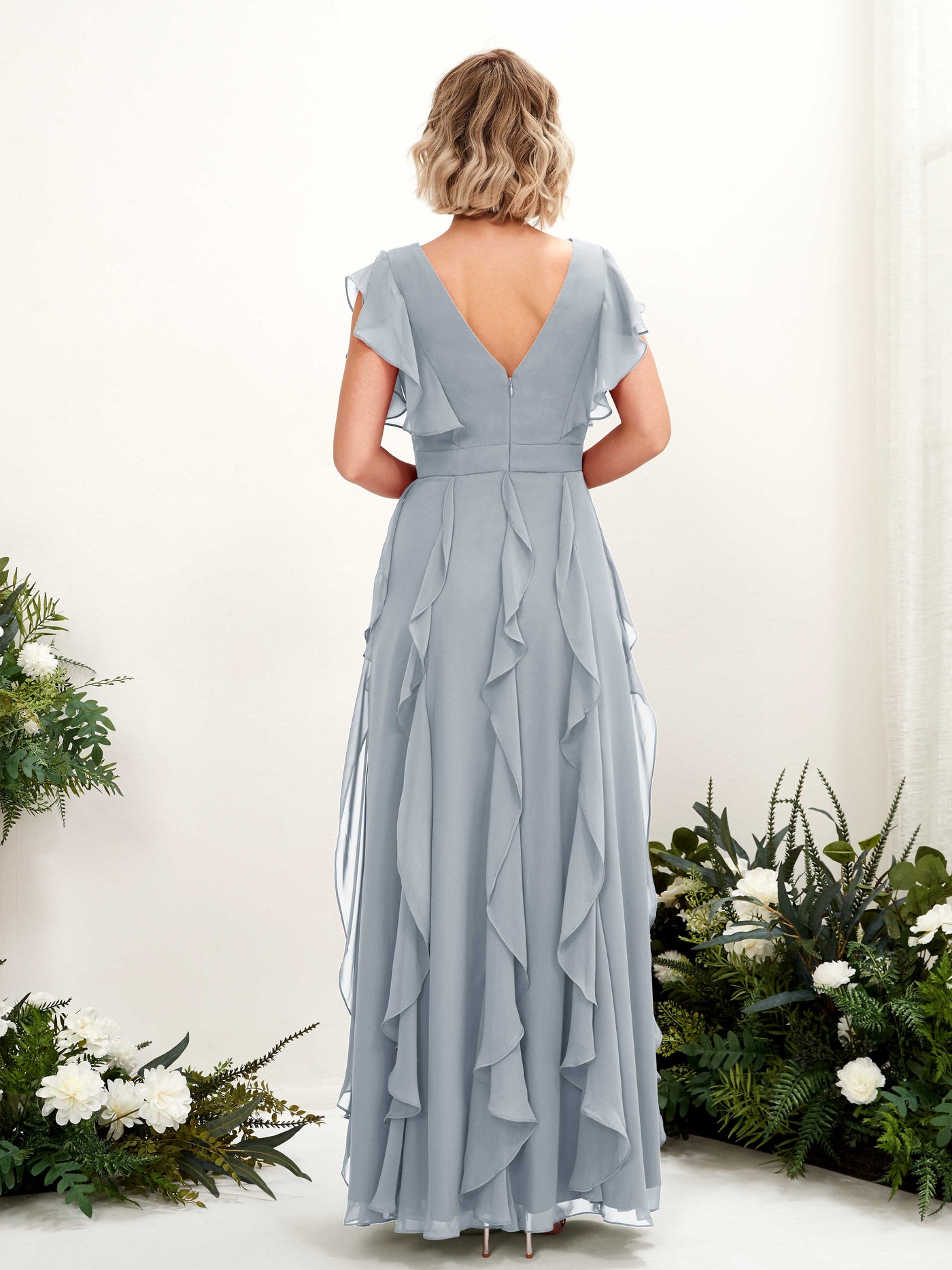 Carlyna Escote en V Hasta el Suelo Fruncido Vestido de Dama de Honor Azul Empolvado Mejorado #color_azul-empolvado-mejorado