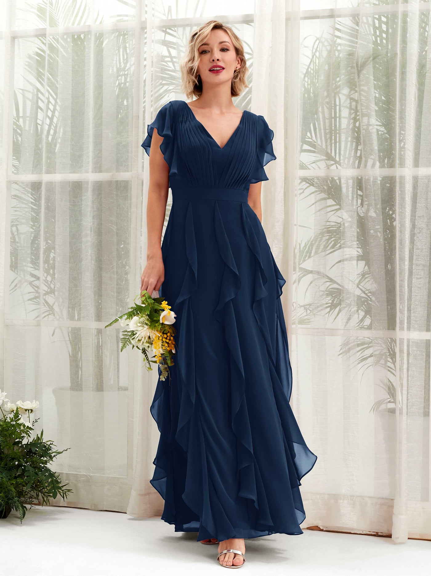 Carlyna Escote en V Hasta el Suelo Fruncido Vestido de Dama de Honor Azul Marino #color_azul-marino