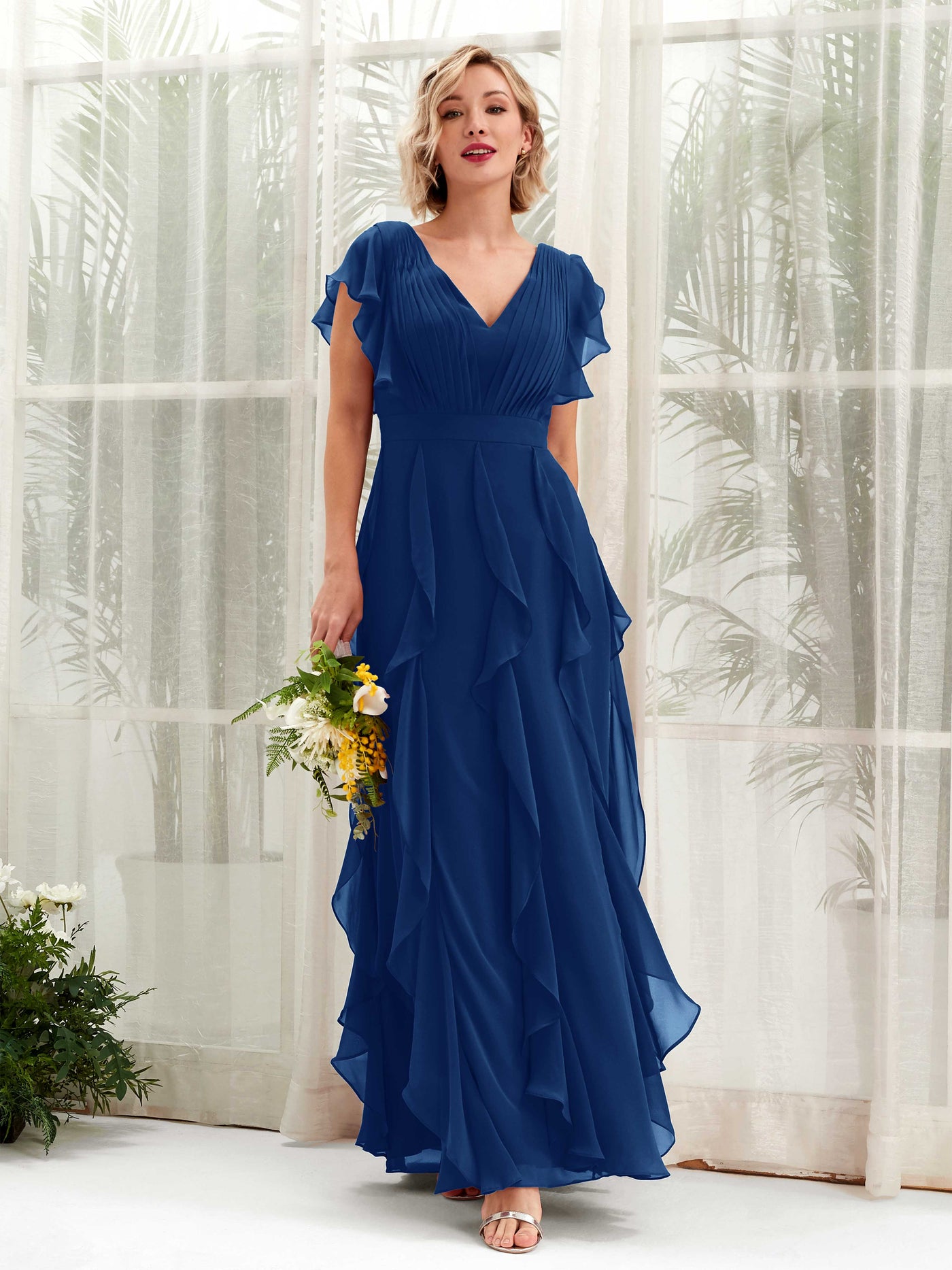 Carlyna Escote en V Hasta el Suelo Fruncido Vestido de Dama de Honor Azul Real #color_azul-real