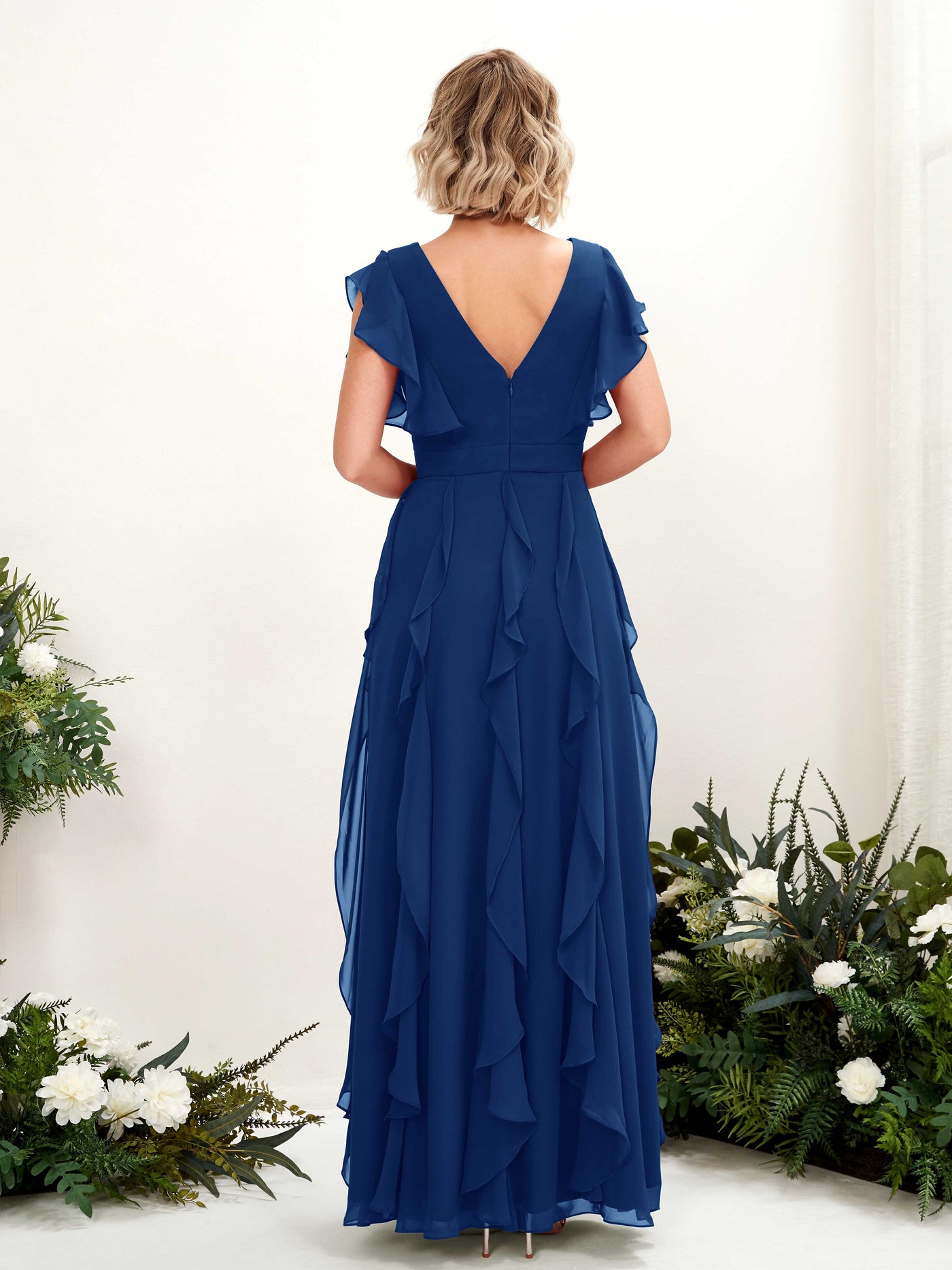 Carlyna Escote en V Hasta el Suelo Fruncido Vestido de Dama de Honor Azul Real #color_azul-real