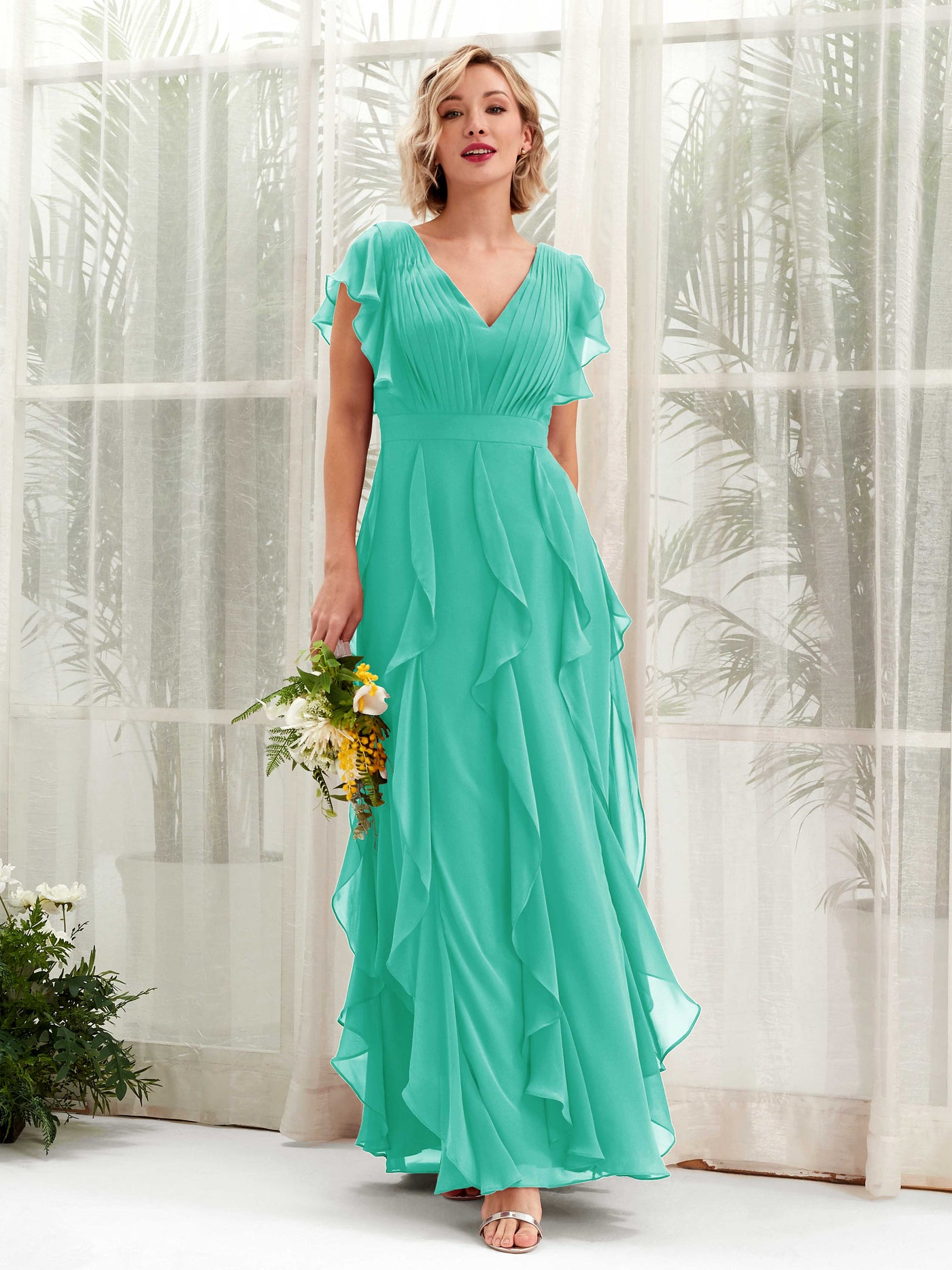 Carlyna Escote en V Hasta el Suelo Fruncido Vestido de Dama de Honor Azul Tiffany #color_azul-tiffany