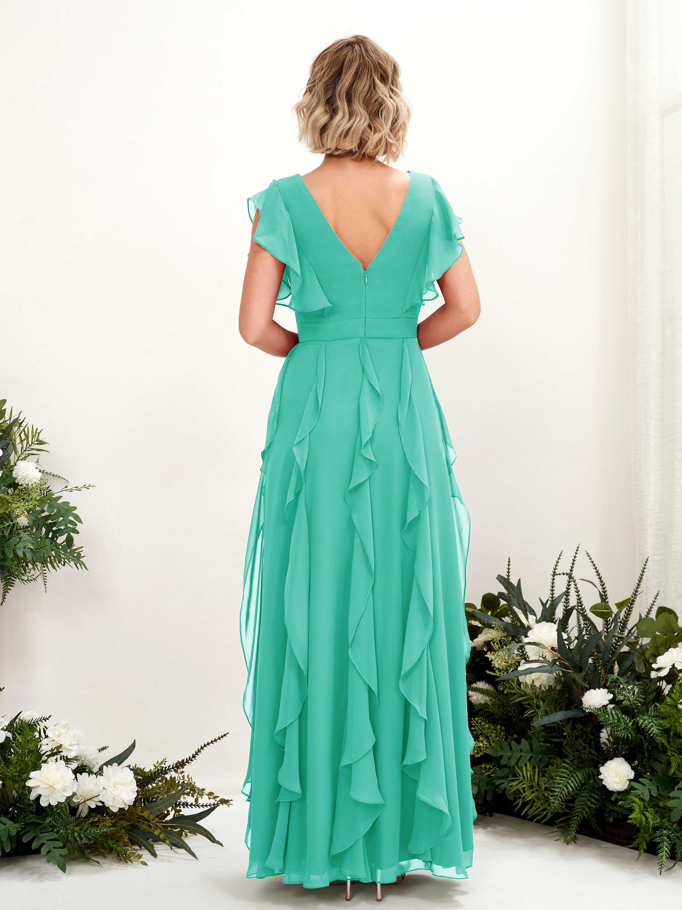 Carlyna Escote en V Hasta el Suelo Fruncido Vestido de Dama de Honor Azul Tiffany #color_azul-tiffany
