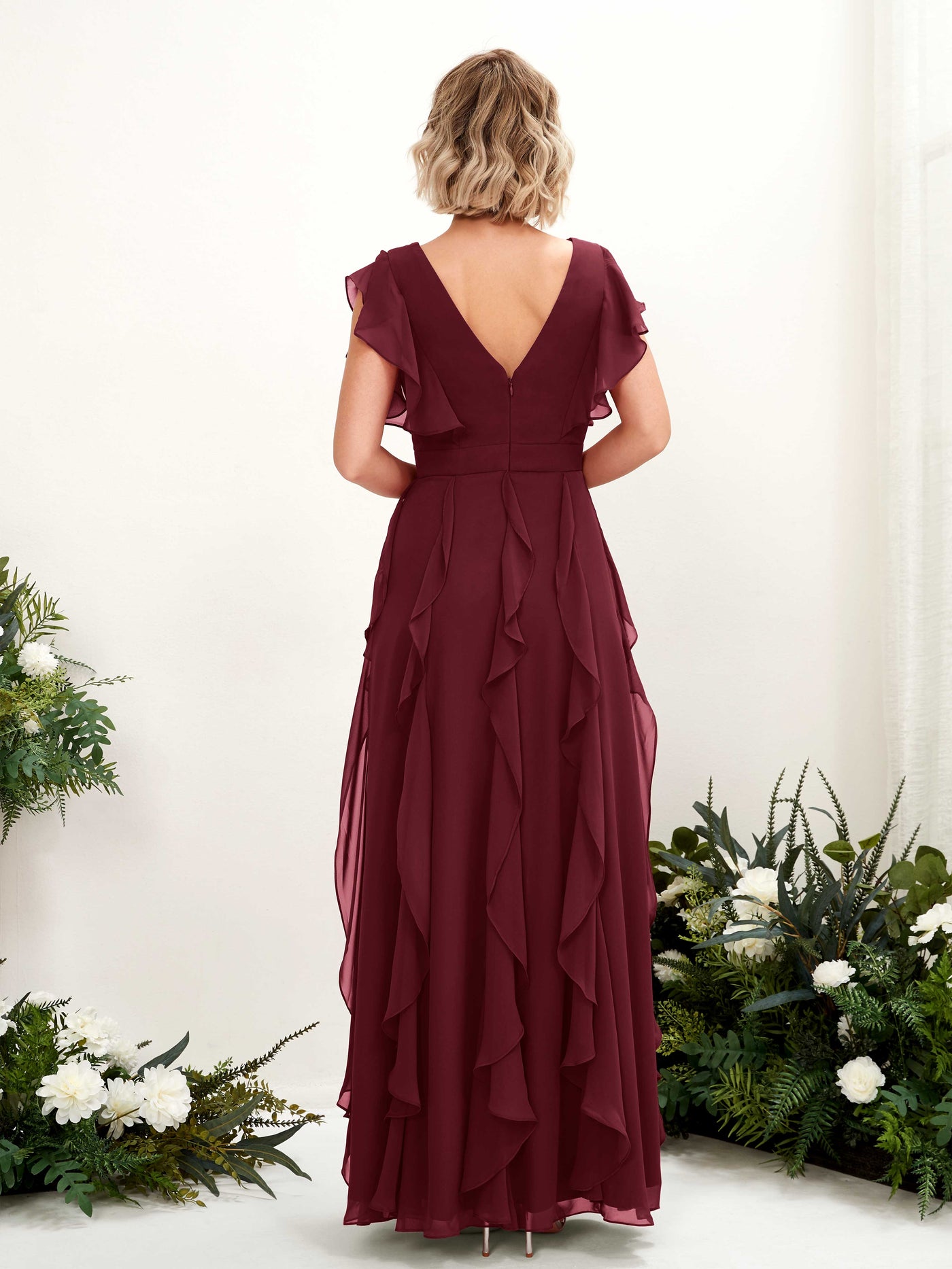 Carlyna Escote en V Hasta el Suelo Fruncido Vestido de Dama de Honor Borgoña #color_borgo-a