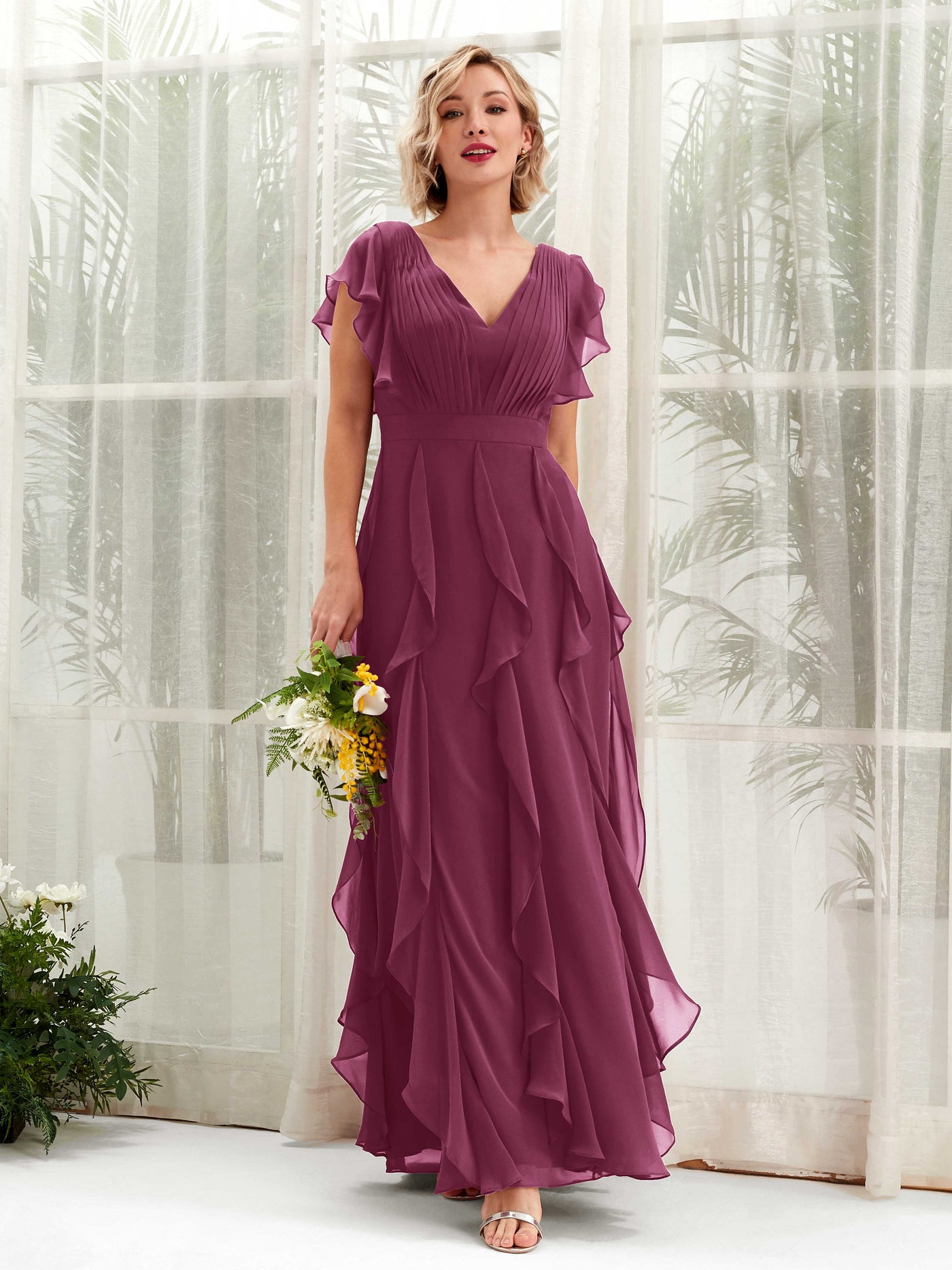 Carlyna Escote en V Hasta el Suelo Fruncido Vestido de Dama de Honor Chianti #color_chianti