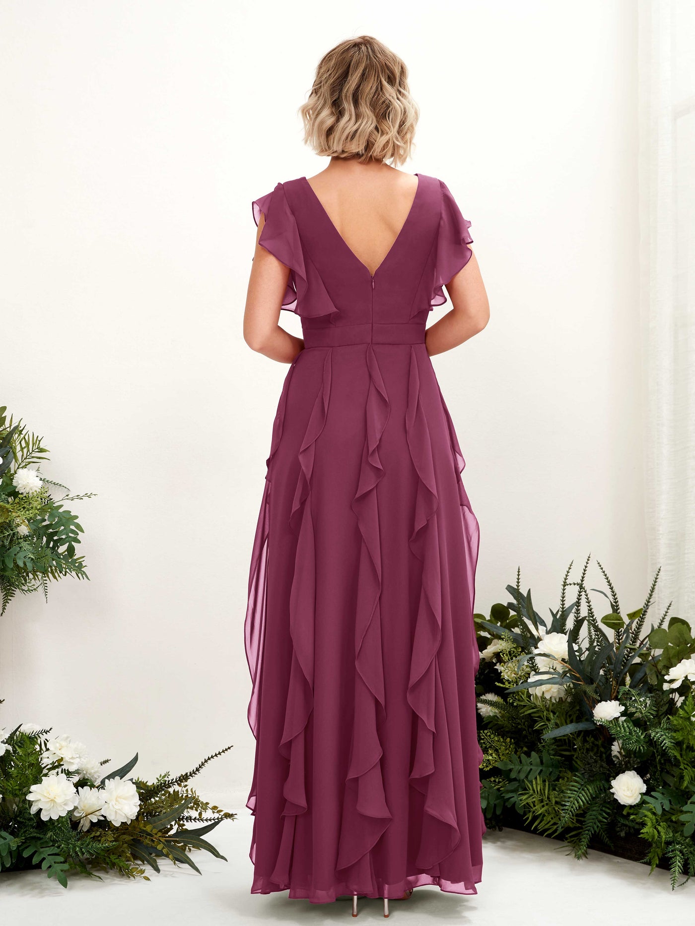 Carlyna Escote en V Hasta el Suelo Fruncido Vestido de Dama de Honor Chianti #color_chianti