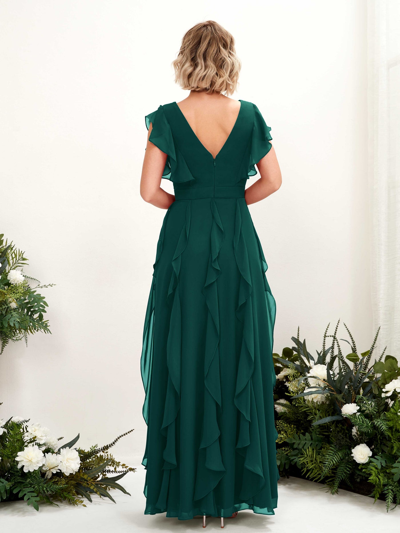 Carlyna Escote en V Hasta el Suelo Fruncido Vestido de Dama de Honor Esmeralda Oscuro #color_esmeralda-oscuro