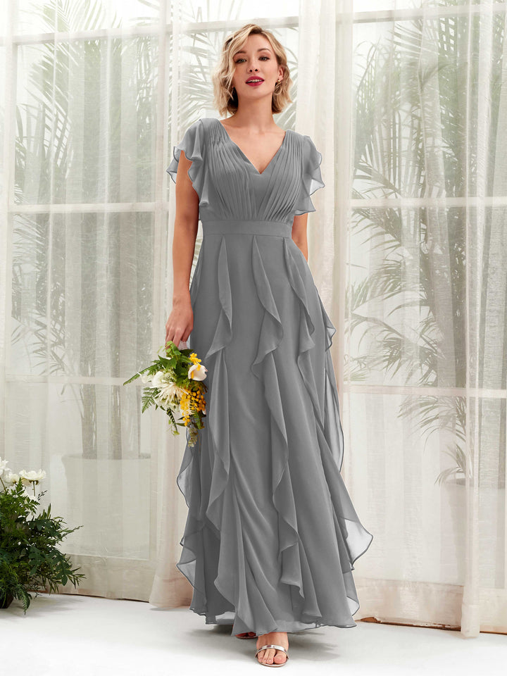 Carlyna Escote en V Hasta el Suelo Fruncido Vestido de Dama de Honor Gris Acero 