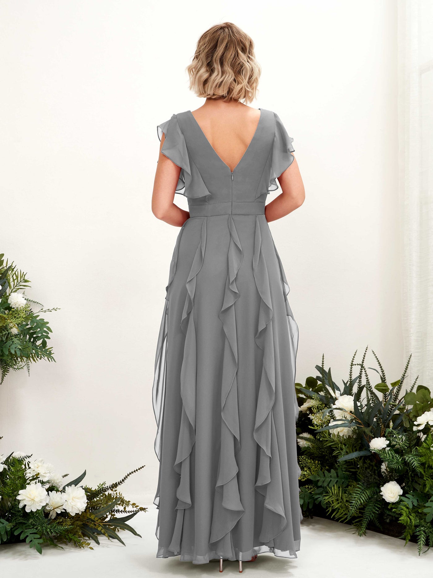 Carlyna Escote en V Hasta el Suelo Fruncido Vestido de Dama de Honor Gris Acero #color_gris-acero