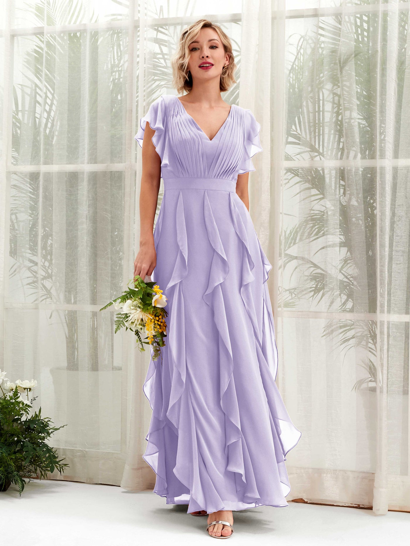 Carlyna Escote en V Hasta el Suelo Fruncido Vestido de Dama de Honor Lila #color_lila