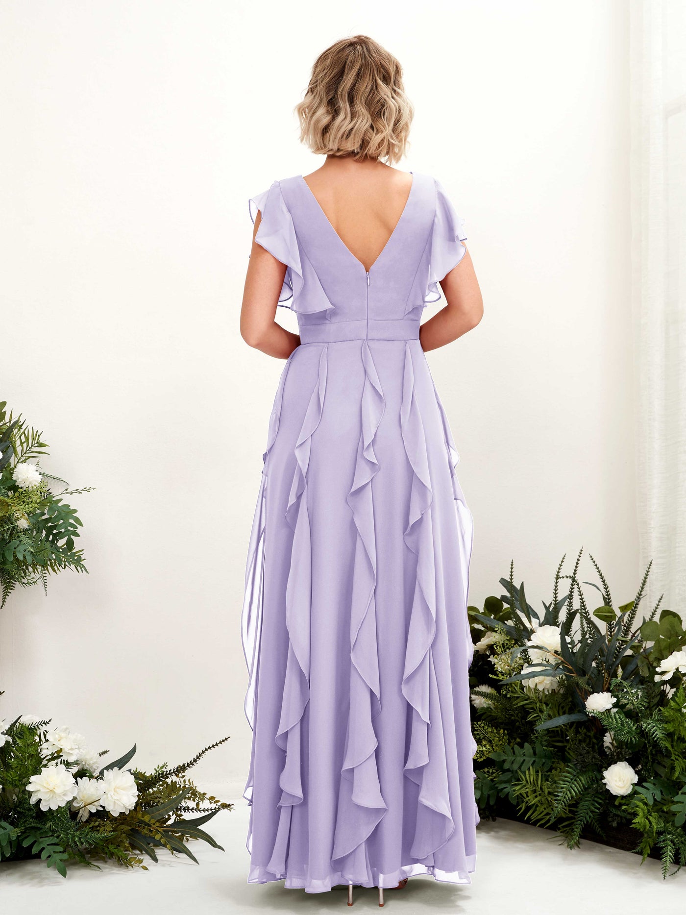Carlyna Escote en V Hasta el Suelo Fruncido Vestido de Dama de Honor Lila #color_lila
