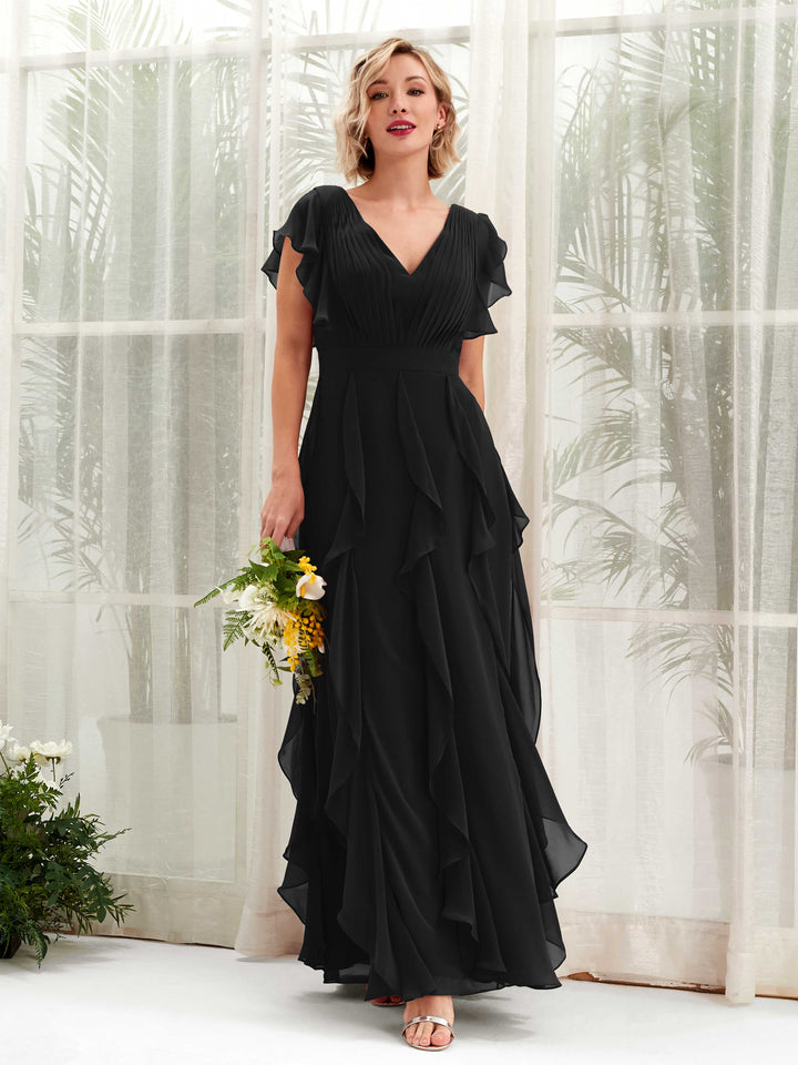 Carlyna Escote en V Hasta el Suelo Fruncido Vestido de Dama de Honor Negro 