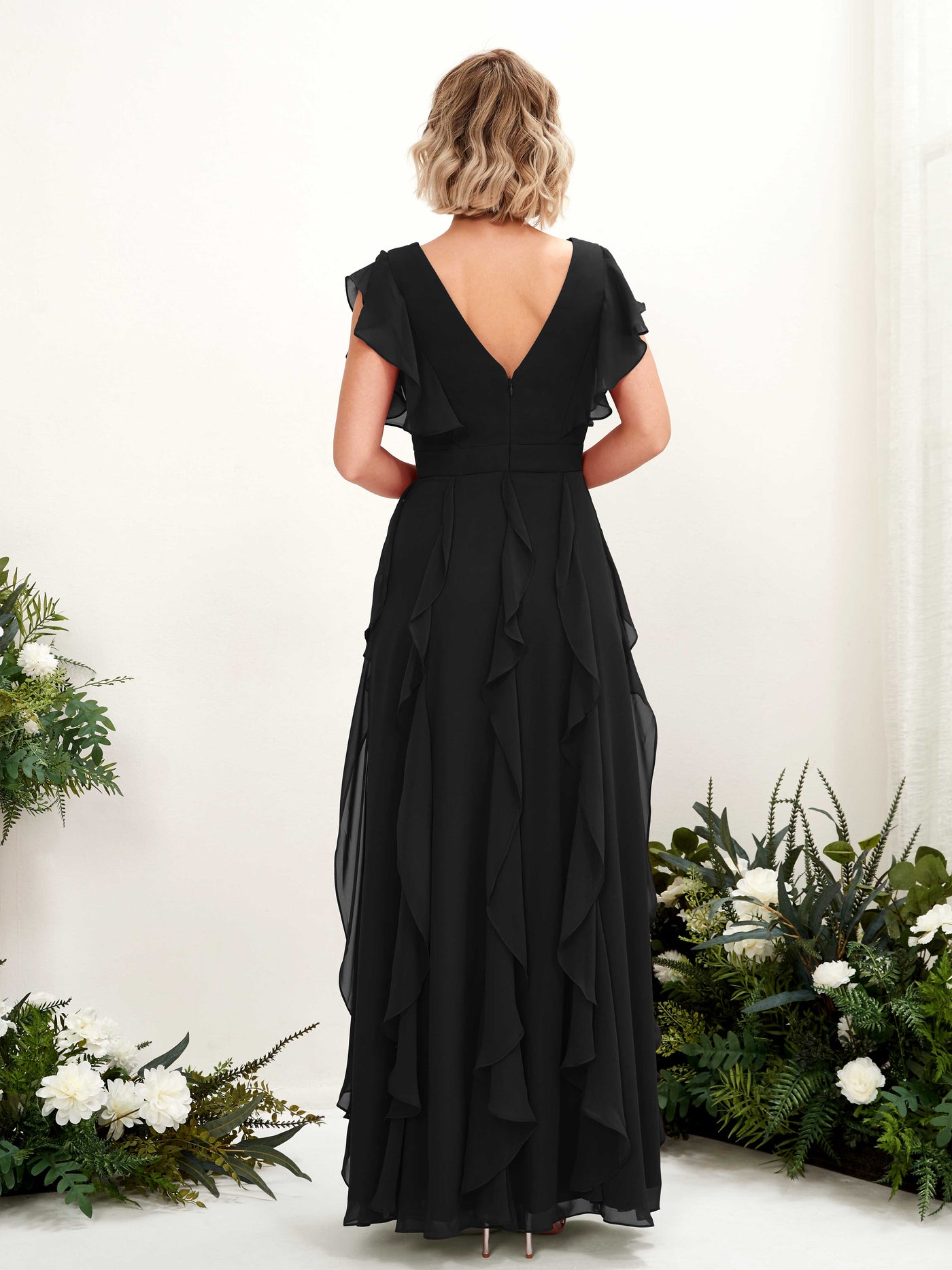 Carlyna Escote en V Hasta el Suelo Fruncido Vestido de Dama de Honor Negro #color_negro