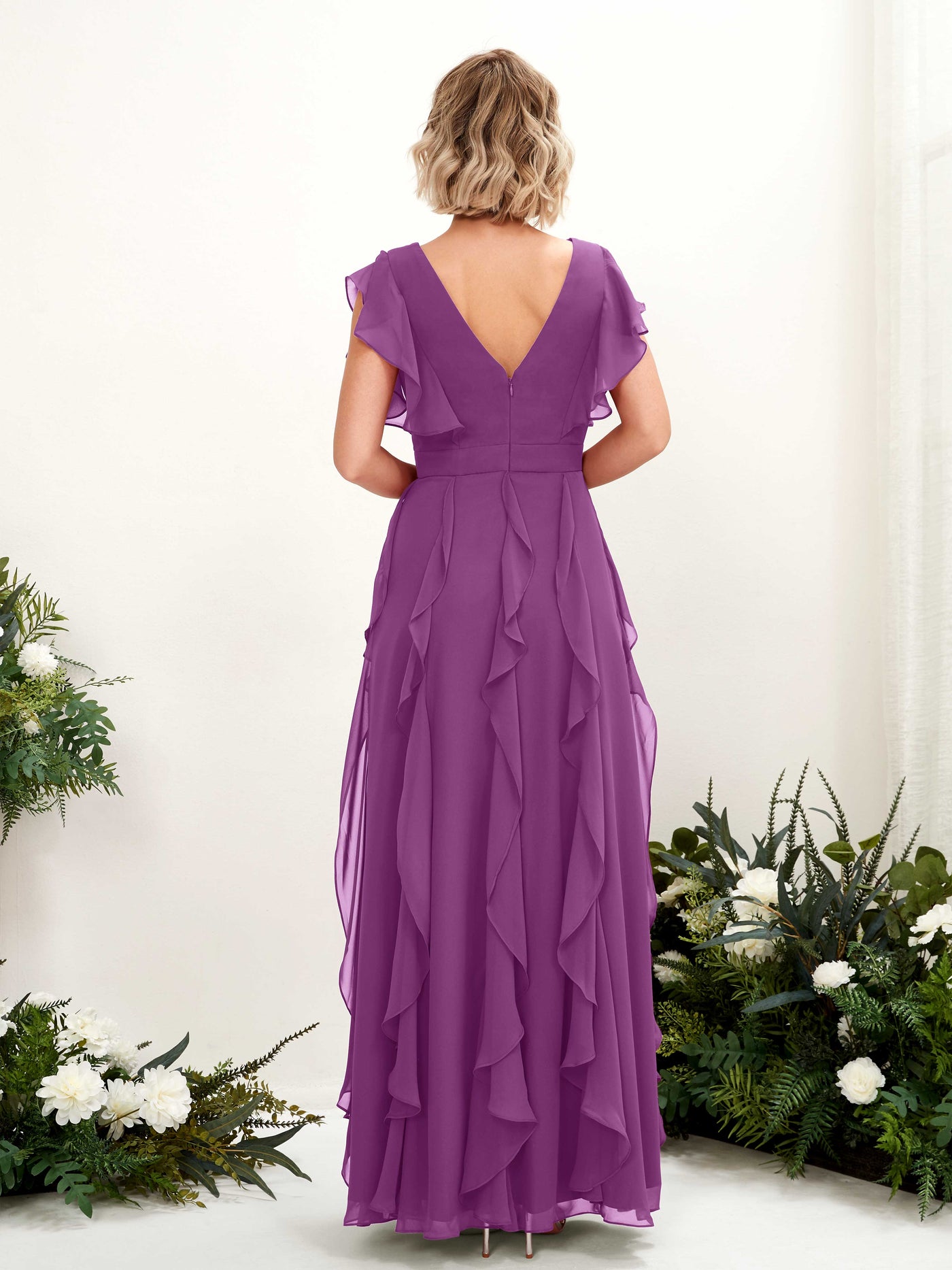 Carlyna Escote en V Hasta el Suelo Fruncido Vestido de Dama de Honor Púrpura #color_p-rpura